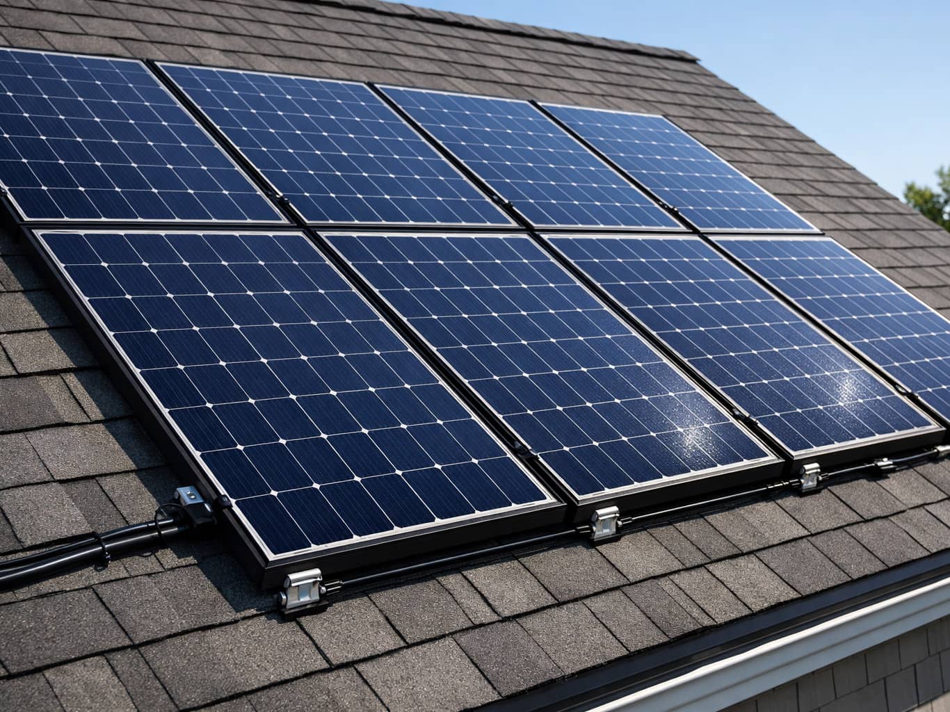 Eight solar panels professionally installed on a residential roof, demonstrating quality solar installation workmanship